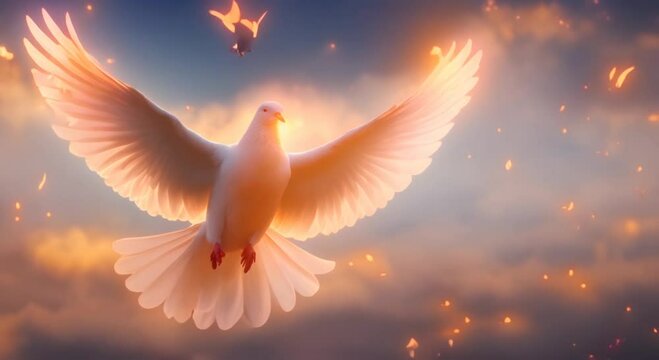 Dove in Fiery Glow A Symbolic Shavuot & Pentecost Tribute Concept Holiday Celebration Symbolic Imagery Spiritual Significance 4k animation