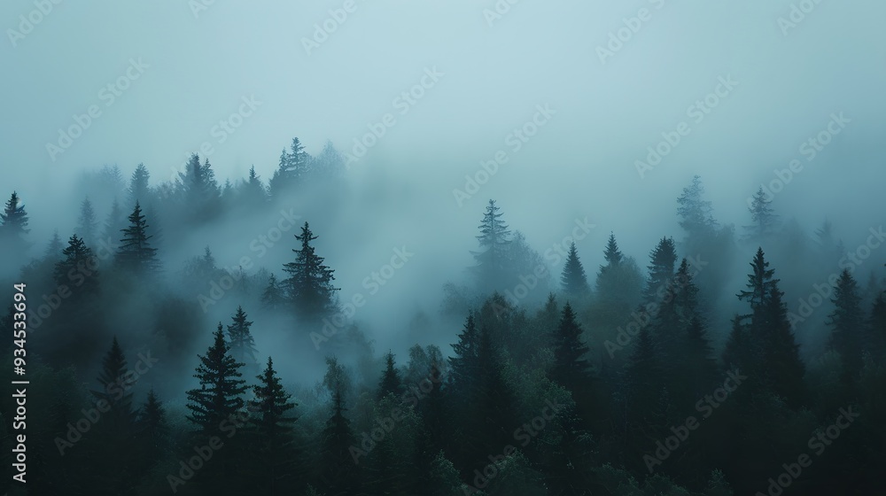Poster background showing minimalistic macro shot of a foggy forest ai generated illustration