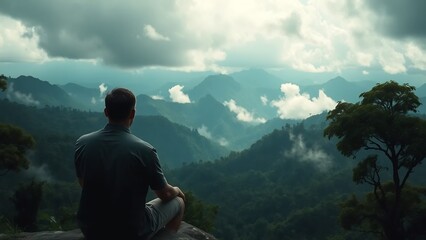 Fototapeta premium Back view of a sitting man observing the hills covered with rainforest, low clouds