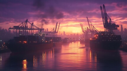 Obraz premium Industrial Harbor at Dusk with Cargo Ships and Cranes in Motion