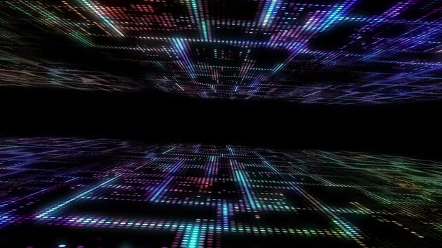 two large digital surfaces, like stylized binary code and the camera moves between them. Abstract digital high-tech animation