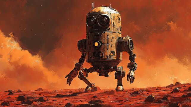 A Futuristic Robot Exploring a Dusty, Red Planet