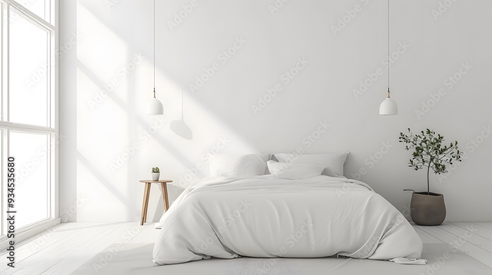 Poster capture an image of a pristine minimalist bedroom featuring only a bed and one night table from an o