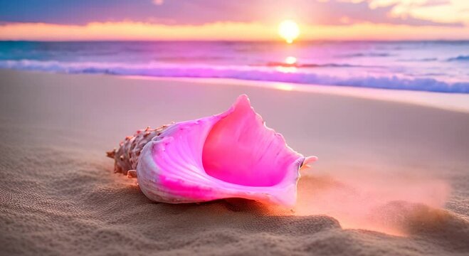 Pink conch shell resting on sandy beach at sunrise in Bahamas Concept Beach photography Sunrise Bahamas Conch shell Pink aesthetics 4k animation