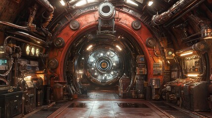 Obraz premium Rusty Industrial Corridor with Glowing Circular Portal