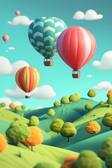 Fototapeta premium Cartoonish hot air balloons over a hilly abstract landscape in a 3D style AI generated illustration