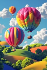 Fototapeta premium Cartoonish hot air balloons over a hilly abstract landscape in a 3D style AI generated illustration