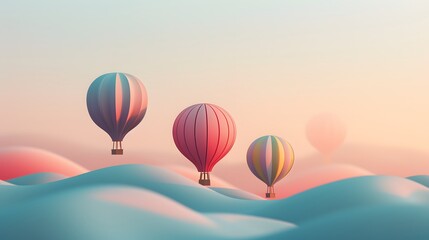 Fototapeta premium Cartoonish hot air balloons over a hilly abstract landscape in a 3D style AI generated illustration