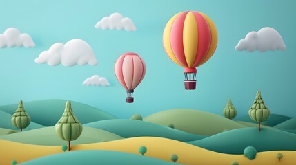 Cartoonish hot air balloons over a hilly abstract landscape in a 3D style  AI generated illustration
