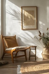 Casual room ambience showcasing a wooden frame imbibing a minimalistic modern cinematic poster AI generated illustration