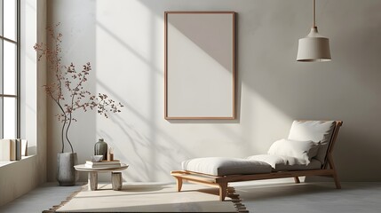 Casual room ambience showcasing a wooden frame imbibing a minimalistic modern cinematic poster  AI generated illustration