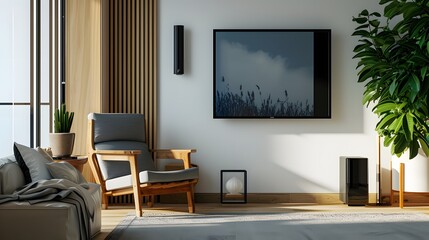 Fototapeta premium In the cozy living room, a couch, chair, and wallmounted TV