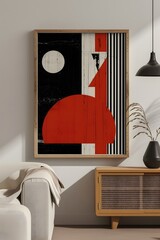 A framed painting is displayed on a wall next to beautiful vases
