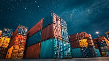 Fototapeta premium Close-up of stacked shipping containers under night sky at a busy port terminal