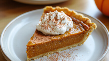 Autumnal pumpkin pie with whipped cream on top with cinnamon