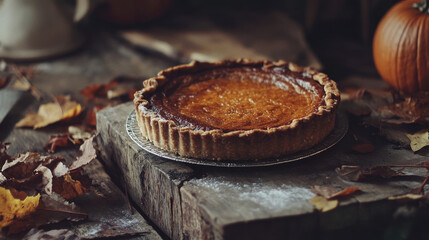 Autumnal pumpkin pie, thick wooden serving tray, basque serving style, burnt crust