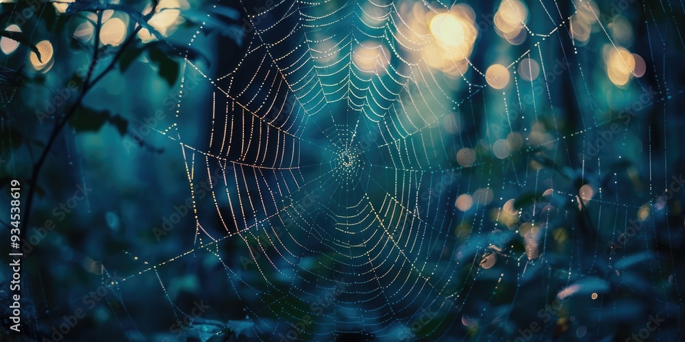 Poster spider web in the forest at dawn an insect trap woven by a beautiful spider resembling an intricate 