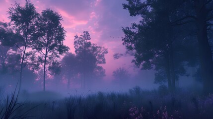 Fototapeta premium Cinematic landscape of a twilight forest all bathed in pastel hues AI generated illustration