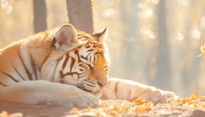 Obraz premium A majestic tiger rests peacefully in a forest clearing, bathed in warm sunlight. Its stripes are prominent, a symbol of power and beauty.