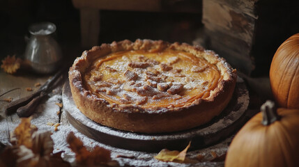Autumnal pumpkin pie dish with icing sugar 