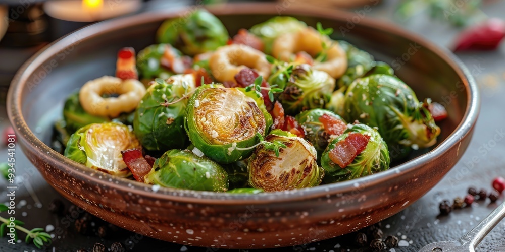 Poster High resolution image of Brussels sprouts with onion rings and bacon in a bohemian bowl hyper realistic detail and sharp focus