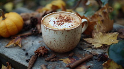 Rustic autumnal spiced latte closeup, painted wooden table