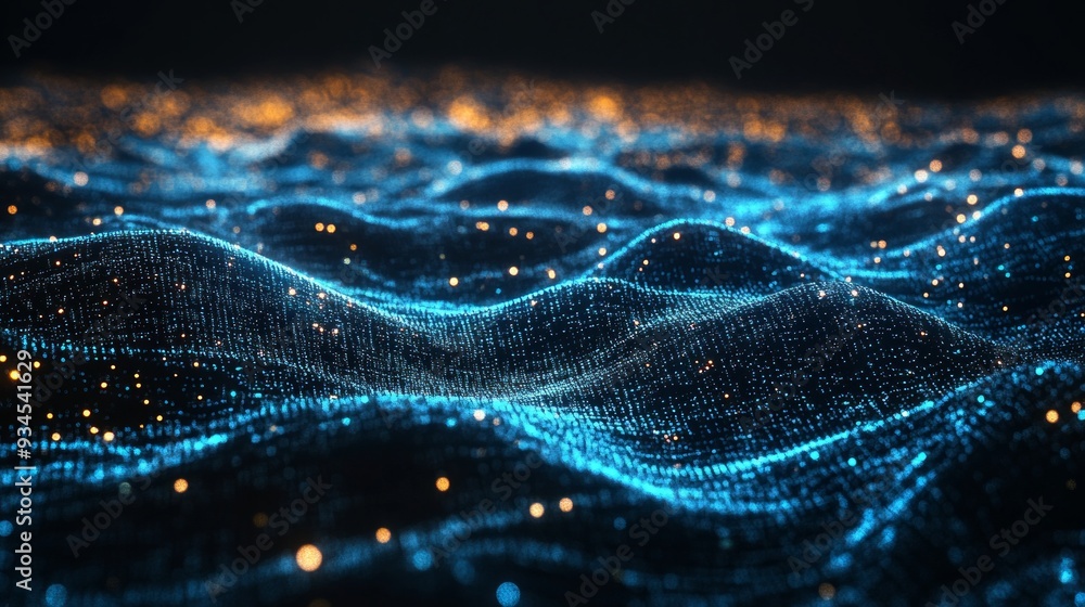 Poster a stunning digital landscape depicting waves of bright blue light. this abstract art style conveys d