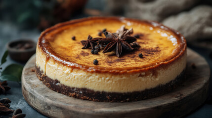 Autumnal spiced cheesecake, well done burnt basque topping and crust with anise and spices powdered on top, yellow and brown caramelization