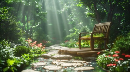 Obraz premium Tranquil Garden Pathway With Wooden Bench Surrounded by Vibrant Flora in Early Morning Light
