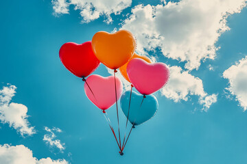floating heart-shaped balloons on a bright blue sky