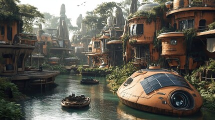 Obraz premium Futuristic Water Village with Boats and Lush Greenery