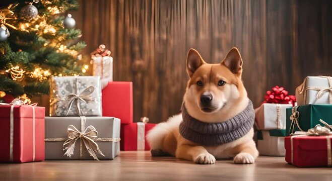 Akito inu dog in sweater Christmas tree and gift boxes 4k animation
