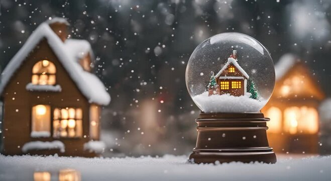 Christmas Snow globe Snowflakes Christmas tree house inside snow globe 4k animation