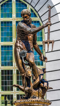 Colorful Neptune Fountain, Gdansk, Poland. Statue built in 1633 renovated 1954. City formerly known as Danzig, square established 1331.