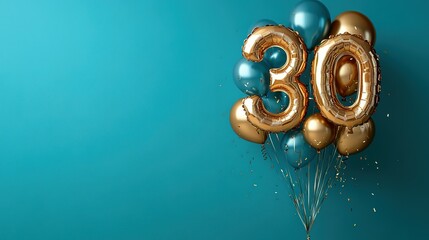 Golden Number 30 Balloons with Teal Background and Confetti