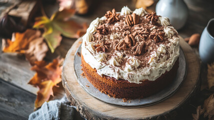 Autumnal spiced cake with pecans, anise and lots of icing