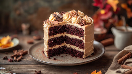 Slide of chocolate autumnal spiced cake, cream and icing on top