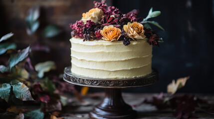 Autumnal spiced cake served with various autumnal flowers 