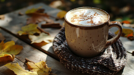 Autumnal spiced beverage, cozy and warm drink, spices and rustic served on a fabric coaster on a wooden picnic table, close up macro shot