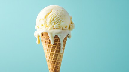 A melting ice cream cone with a light blue background.