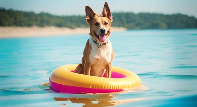 Cheerful dog with inflatable circle in sea 4k animation