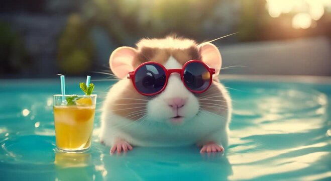 Cheerful hamster with glasses with cocktail and inflatable circle in pool 4k animation