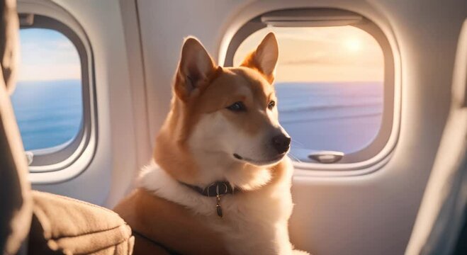 Cute Akito Inu dog sits on airplane and looks out window at sky 4k animation