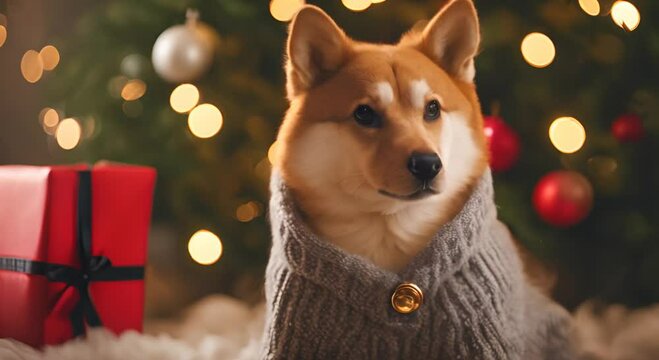 Akito inu dog in sweater Christmas tree and gift boxes 4k animation