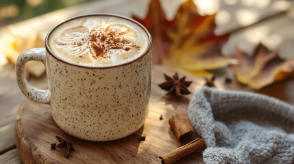 Autumnal spiced beverage, cozy and warm drink, spices and rustic serving cup, brown and tan cream colored serving mug