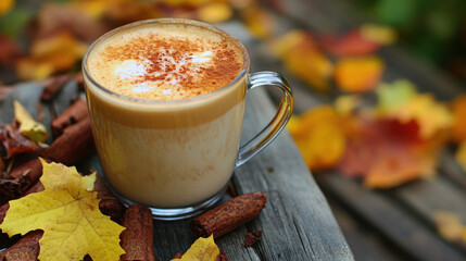 Autumnal spiced beverage, cozy and warm drink, spices and rustic served in a glass mug outside with autumn leaves