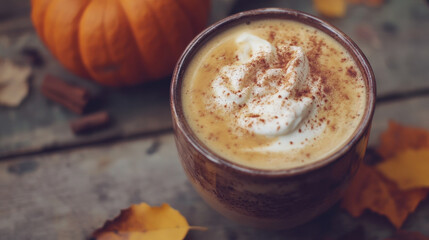 Autumnal spiced beverage, cozy and warm drink, spices and rustic serving, close up