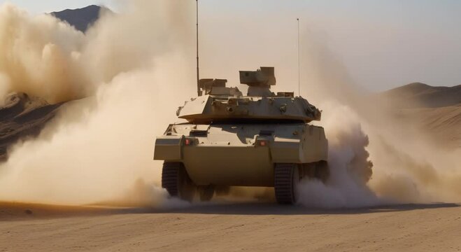 Military armored vehicle crosses minefields and smoke in the desert 4k animation