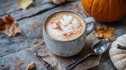 Autumnal spiced beverage, cozy and warm drink, spices and rustic serving spoon on rustic wooden table, close up