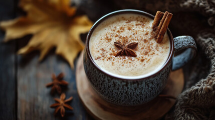 Autumnal spiced beverage, cozy and warm drink, spices and rustic served with cinnamon sticks and anise on a small wood coaster, fall leaves out of focus in the background close up